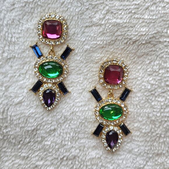 Multi-Color Jeweled Gem Statement Dangle Earrings – Gold Tone Rhinestone Drops - Picture 4 of 12